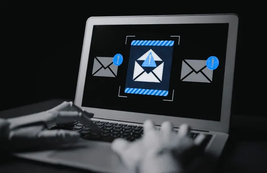 Ένα laptop με ανοιχτά email που κρύβουν κινδύνους. Ένα άτομο πληκτρολογεί με ένα χέρι αληθινό και ένα ψεύτικο.